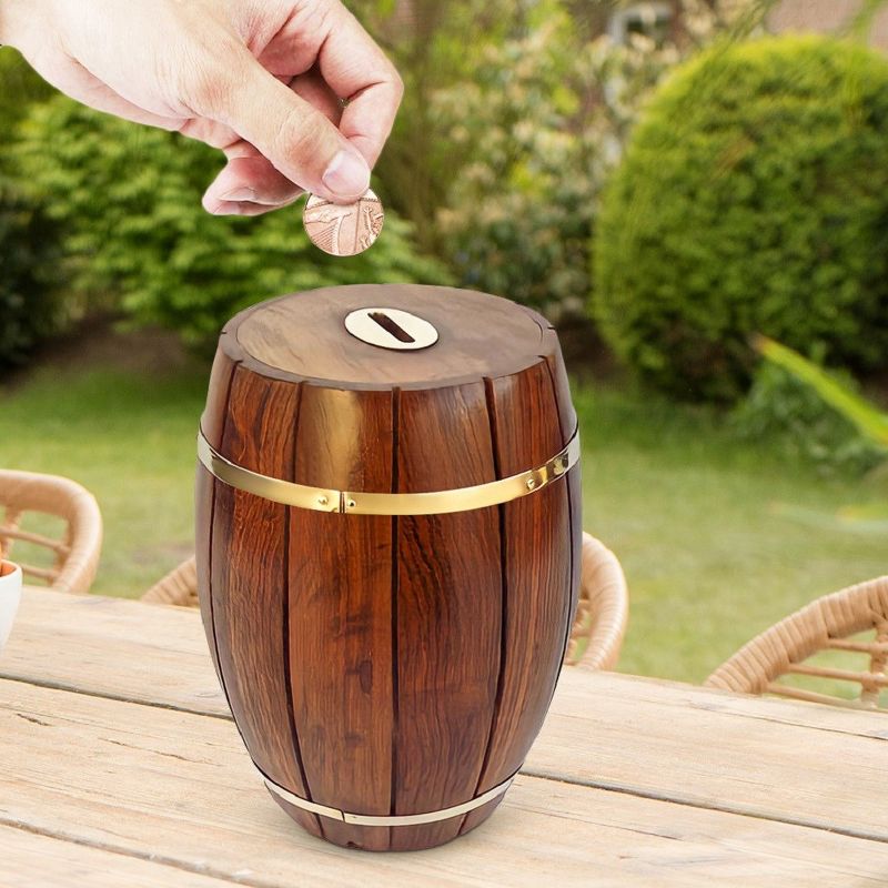 Large Wine Barrel Shaped Brown Wooden Decorative Coin Bank Money Saving Box, 3 of 7