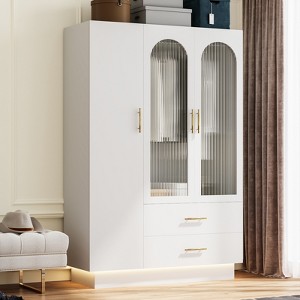 Bedroom Armoire Wardrobe Closet with Door & 2 Drawers, 71" Wood Wardrobe Storage Cabinet with LED, Hanging Rod, Freestanding Modern Armoire Closet - 1 of 4