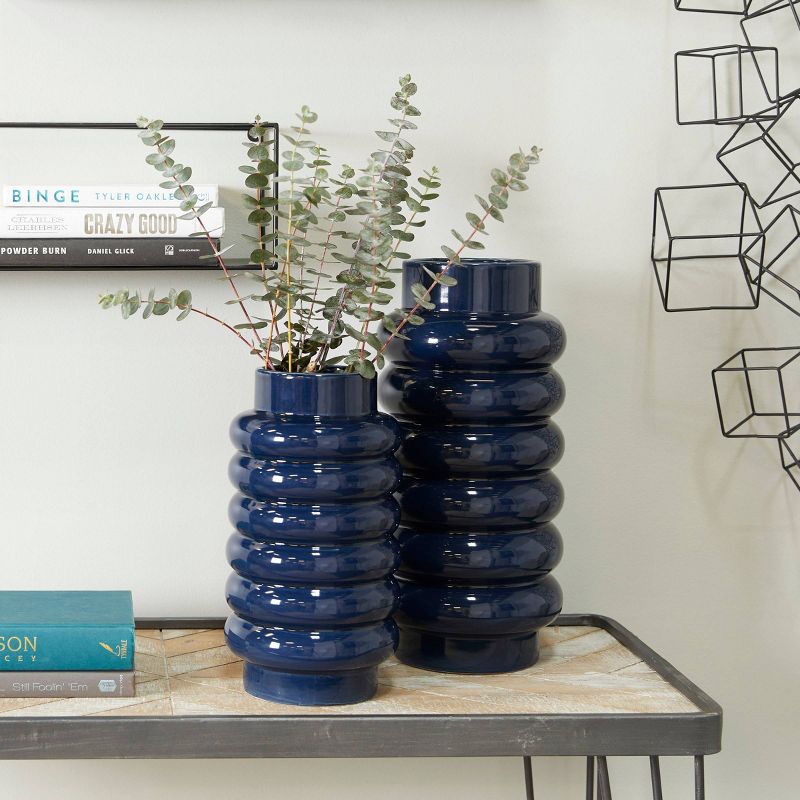 Set of 2 Ceramic Vase with Stacked Ring Design Dark Blue &#8211; CosmoLiving by Cosmopolitan, 2 of 7