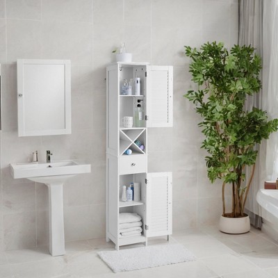 Scandinavian-Style Freestanding Tall Bathroom Cabinet with Shutter Doors & Drawer - 66.9" - White