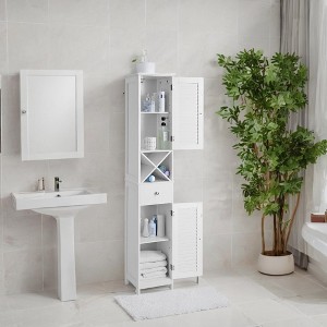 Scandinavian-Style Freestanding Tall Bathroom Cabinet with Shutter Doors & Drawer - 66.9" - White - 1 of 4