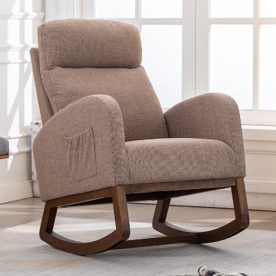 MOONMISS  Modern Linen Glider Chair with Wood Legs and Side Pocket, Rocking Accent Chair with High Back for Living Room Bedroom