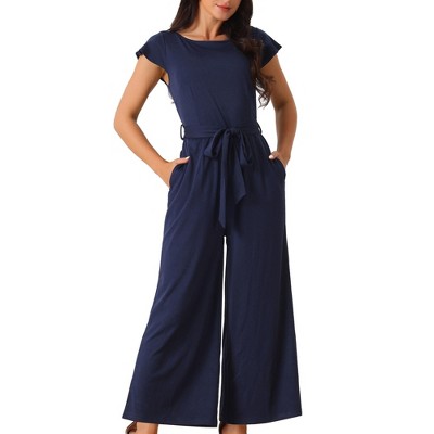 Seta T Women's Ruffle Cap Sleeve Belted High Waist Jumpsuits with Pockets