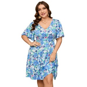 Women's Plus Size Boho Floral V Neck Ruffle Short Sleeve Dress Elastic High Waist A Line Dress - 1 of 4