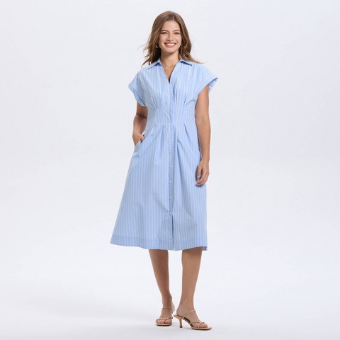 Женские платья A New Day Women's Short Sleeve Pleated Midi Shirtdress - A New Day™ Blue Striped S