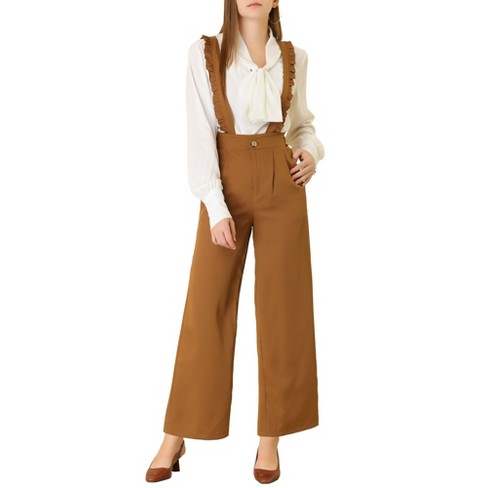 Allegra K Women's Ankle Pants High Waist Ruffled Suspender Overalls Office  Wide Leg Trousers