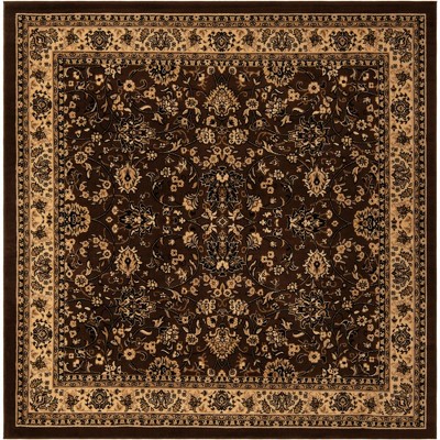 Brown and Ivory Square Synthetic Floral Area Rug