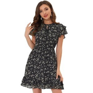 INSPIRE CHIC Women's Ruffle Sleeve Self-Tie V Neck Mini A-Line Floral Dress - 1 of 4