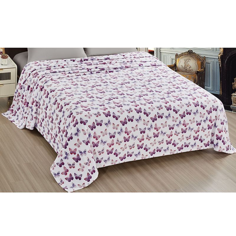 Plazatex Luxurious Ultra Soft Lightweight Rose Butterfly Printed Bed Blanket White/Purple, 2 of 5