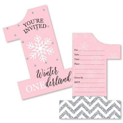 Big Dot of Happiness Pink Onederland - Shaped Fill-in Invitations - Snowflake Winter Wonderland Birthday Party Invite Cards with Envelopes - Set of 12