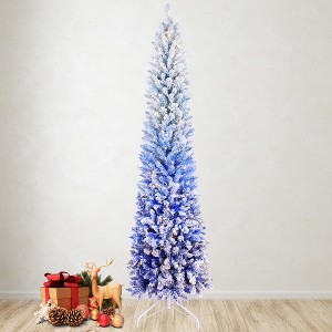 6FT Blue Gradient Flocked Pencil Christmas Tree with 200 Warm White LED Lights, 485 Tips, Hinged Branches,Metal Stand,for Holiday Home Decor - 1 of 1