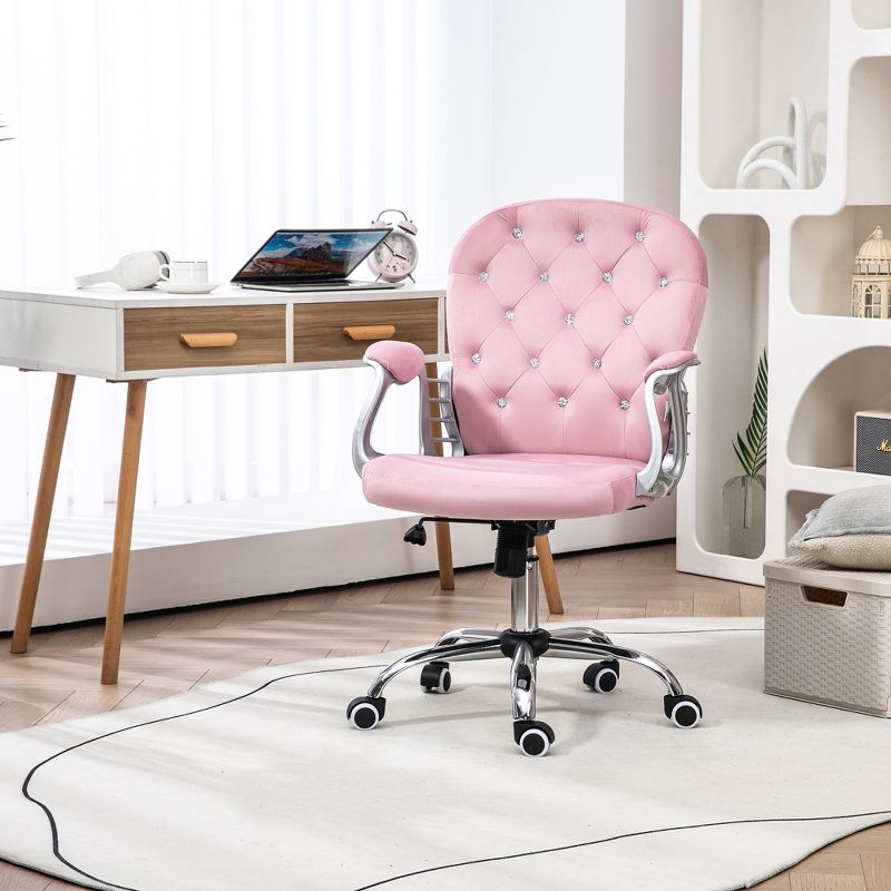 Vinsetto Vanity Velvet Mid Back Office Chair Swivel Tufted Backrest Task Chair with Padded Armrests, Adjustable Height, Rolling Wheels, Pink, 3 of 7