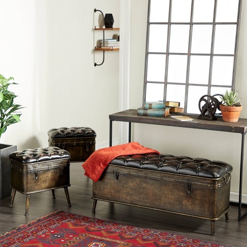 Set Of 3 Vintage Metal And Faux Leather Storage Benches Brown - Olivia & May  : Target