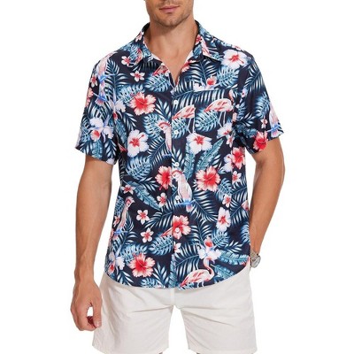 Men's Hawaiian Shirt Short Sleeve Linen Button Down Shirts Casual Floral Printed Beach Shirts with Pocket