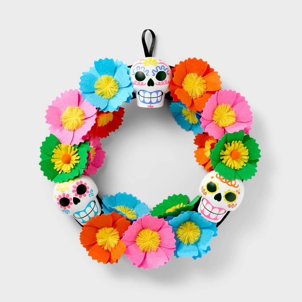 16" Día de Muertos Artificial Fabric Flower Wreath