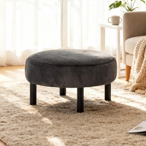 27.56" Round Ottoman, Plush Faux Rabbit Fur Footrest with Solid Wood Legs in Black/Cow Color, 27.56"x27.56"x15.51"H - 1 of 4