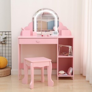 Kids Vanity with Lighted Mirror & Stool, Little Girls Vanity with Adjustable LED Light - 1 of 4