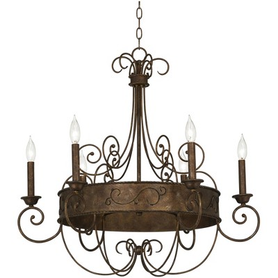 Rustic Bronze Scrollwork Chandelier with Candle Sleeves, 30" Wide