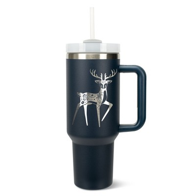 Elanze Designs 40 Ounce Travel Tumbler With Straw and Lid Stainless Steel Double Wall Insulated Graceful Forest Deer Navy Blue