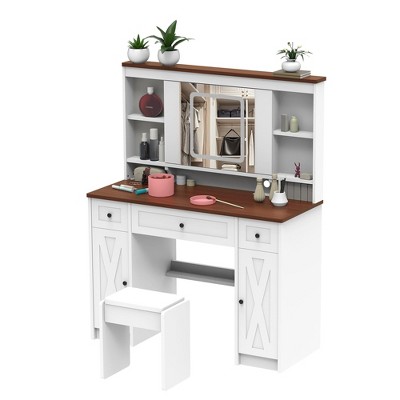 TiramisuBest Farmhouse Vanity Desk with Sliding Mirror,Lights and Charging Station,Table Desk with Dimmable Led Light,Vanity T