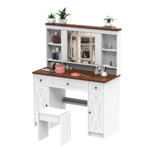 TiramisuBest Farmhouse Vanity Desk with Sliding Mirror,Lights and Charging Station,Table Desk with Dimmable Led Light,Vanity T - 1 of 4