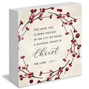Christmas Bible Verse Luke 2:11 Wooden Box Sign, Christian Decor with Holly Berries, 5x5 Inch - 1 of 4
