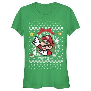 Juniors Womens Nintendo Ugly Christmas Mario Wreath T-Shirt - 1 of 3