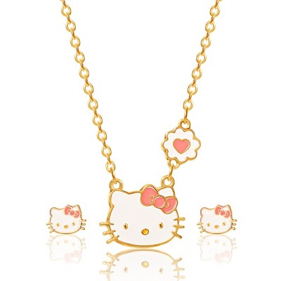 Hello Kitty Girls Necklace Stud Earrings Jewelry Set - 18+3 (Magenta)