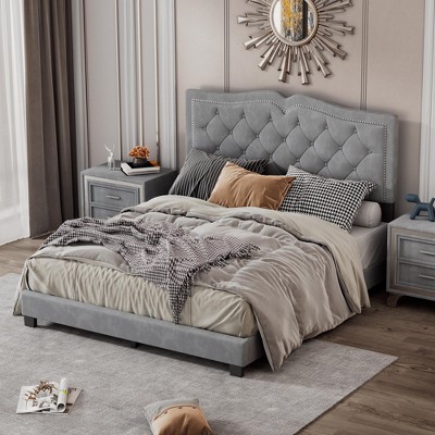 KWPZQE Platform Bed Frame with Velvet Upholstered Headboard and Wooden Slats Support, No Box Spring Needed, Easy Assembly