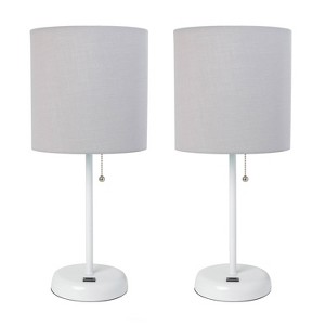 Creekwood Home Set of 2 Contemporary Bedside White Table Lamps with USB Port Gray Shade