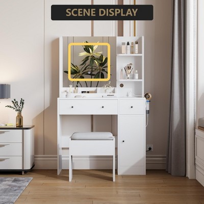 Vanity Desk with Mirror, 3 Lighting Modes Makeup Table with Charging Station, 3 Drawer, 3 Open Shelves and a Cabinet, Modern Dressing Table Set