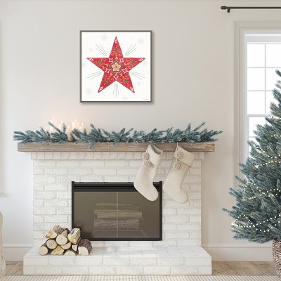 Christmas Charm Red Star Canvas Wall Art with Grey Frame