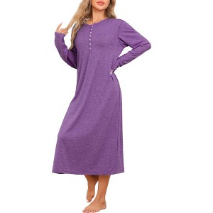 cheibear Women's Knit Scoop Neck Front Half Length Button Down Long Sleeve Nightgown - 1 of 4