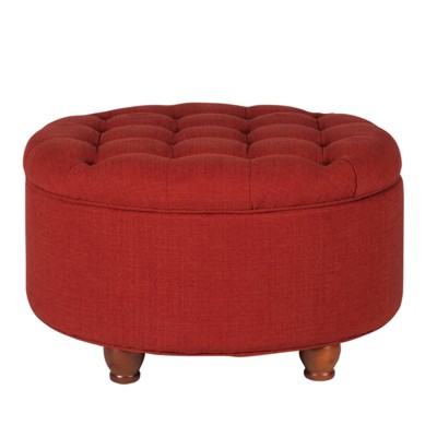 Fabric Upholstered Wooden Storage Ottoman with Tufted Lift Off Lid Red/Brown - Benzara