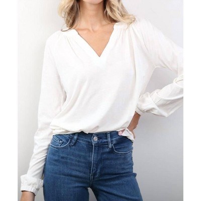 Women's Split Neck Long Sleeve Shirred Tee - bobi