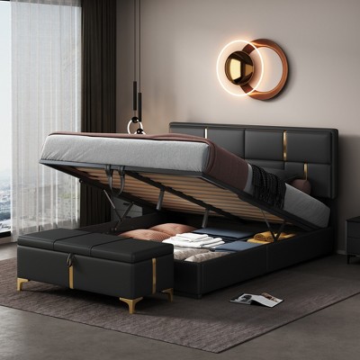 2 Pieces Bedroom Sets, Queen Size Upholstered Platform Bed with Hydraulic Storage System, Storage Ottoman with Metal Legs, Beige/Black-ModernLuxe