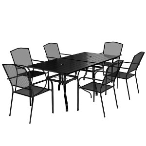 CLIHOME 8-Piece Outdoor Dining Set, 2 Square Table With Umbrella Hole & 6 Mesh Chairs Patio Set - 1 of 4