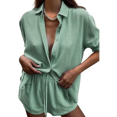 WhizMax Women's Casual 2 Piece sets Long Sleeve Button Down Shirt High Waist Drawstring Short Outfit sets