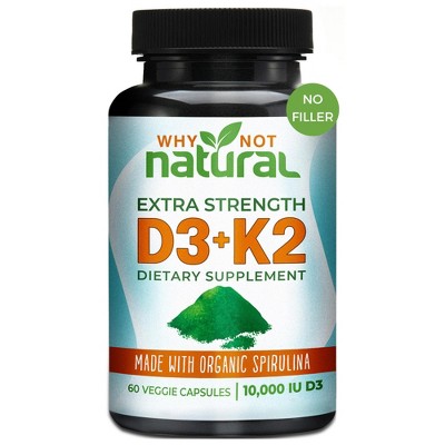 Why Not Natural Vitamin D3 K2 (MK-7) with Organic Spirulina, 10000 IU Extra Strength, Supports Bone, Immune & Mood Health – Vegan Capsules