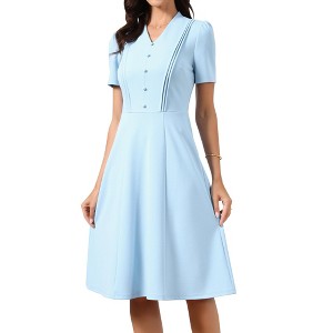 INSPIRE CHIC Women's Short Sleeve V Neck Button Decro Pleated Business Casual A-Line Midi Dresses - 1 of 4