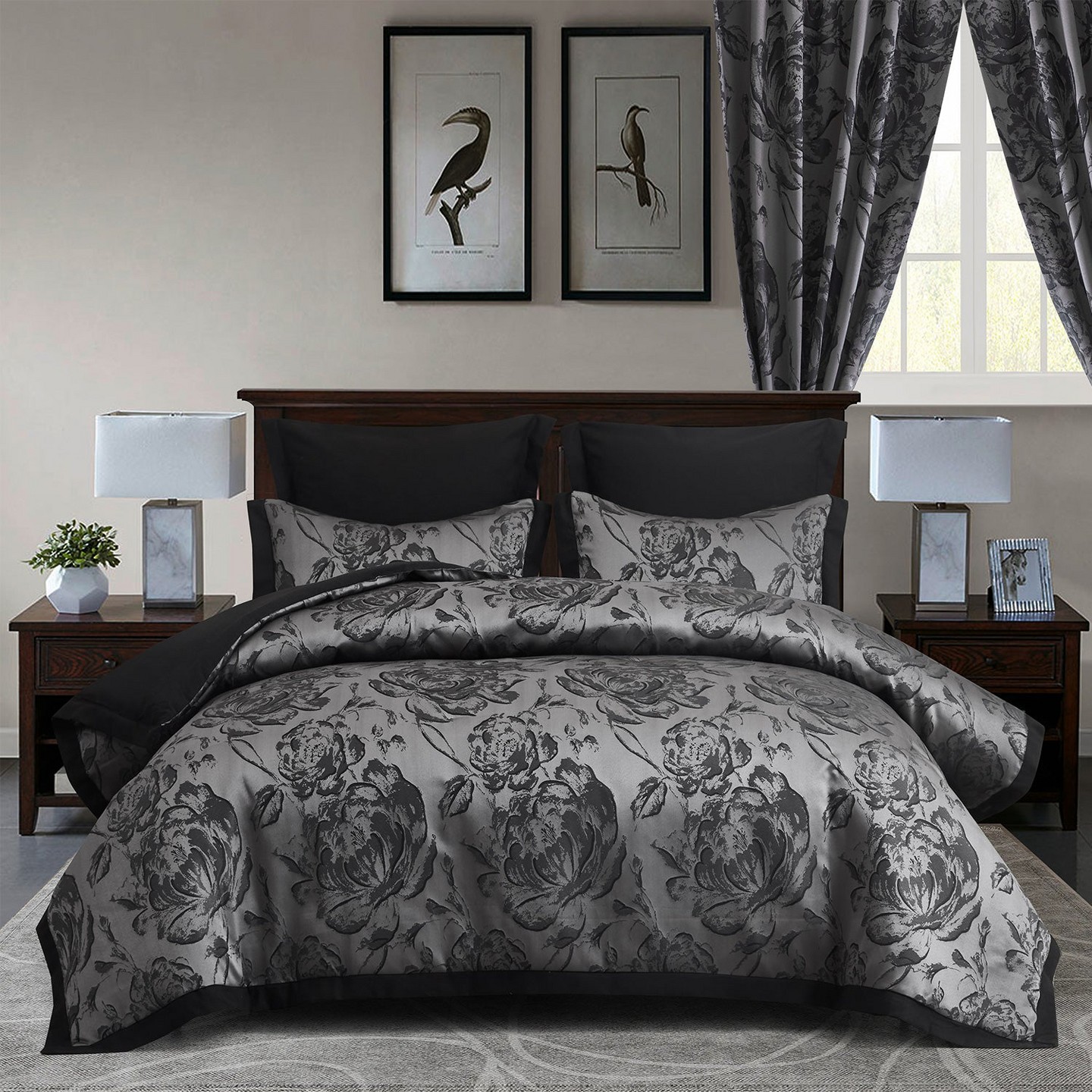 Комплект постельного белья HIG 7-Piece Burgundy Jacquard Bed in a Bag, Queen Size Comforter Set with Floral Damask Design, Red Rose Patchwork Bedding, Shams & Window Panels, цвет: Бордовый — фото 5