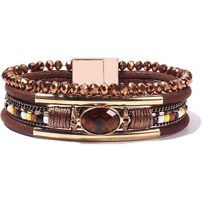 Leather Wrap Bracelet with Crystal Beads & Stone Charm, Boho Cuff with Clasp for Women