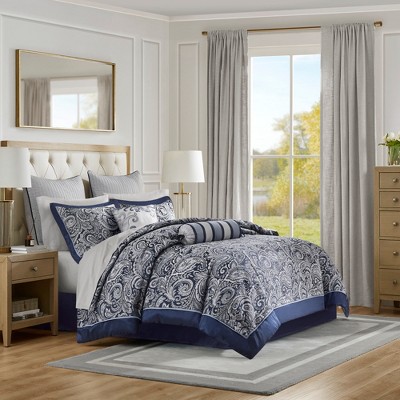 JUJABU 12 Piece Comforter Set with Cotton Bed Sheets Navy Queen