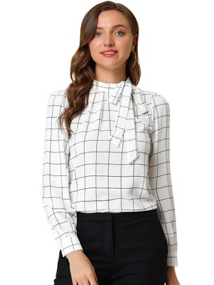 INSPIRE CHIC Women's Bow Tie Neck Keyhole Back Grid Checks Office Work Blouses