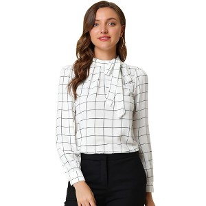 INSPIRE CHIC Women's Bow Tie Neck Keyhole Back Grid Checks Office Work Blouses - 1 of 4