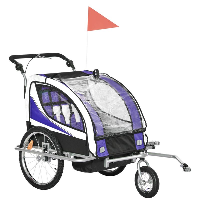 Aosom Foldable Bike Trailer for Kids, Toddler Carrier with 2 Seats, Safety Flag, Light Reflectors, & 5 Point Harness, 1 of 9