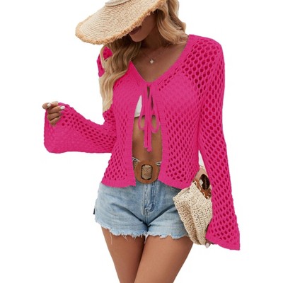 Womens Casual Summer Tie Front V Neck Flared Sleeve Openwork Cardigan