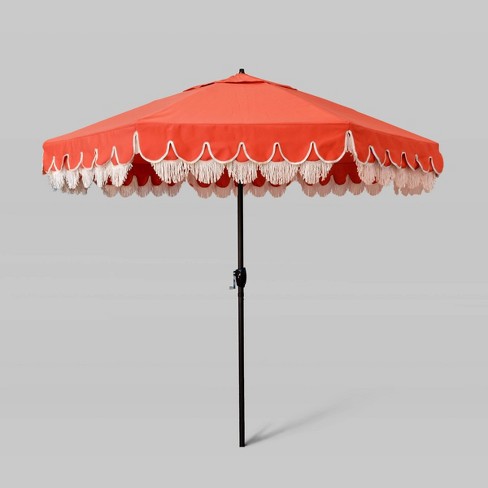 9' x 9' Sunbrella Scallop Base and Fringe Market Patio Umbrella with Auto  Tilt Melon Orange - Bronze Pole - California Umbrella