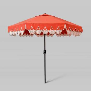 9' Sunbrella Scallop Base and Fringe Market Patio Umbrella with Auto Tilt - Bronze Pole - California Umbrella