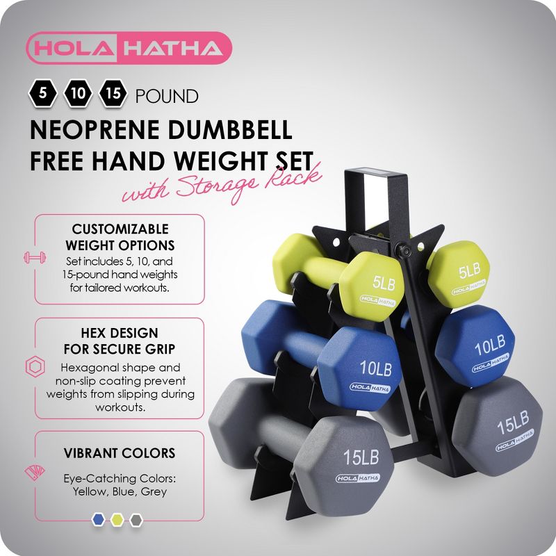 HolaHatha 5, 10, and 15 Pound Neoprene Dumbbell Free Hand Weight Set with Storage Rack, Ideal for Home Gym Exercises to Gain Tone and Definition, 3 of 9